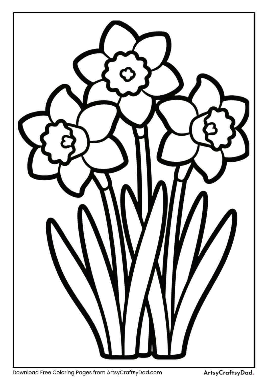 Daffodils spring flowers black and white coloring page for kids