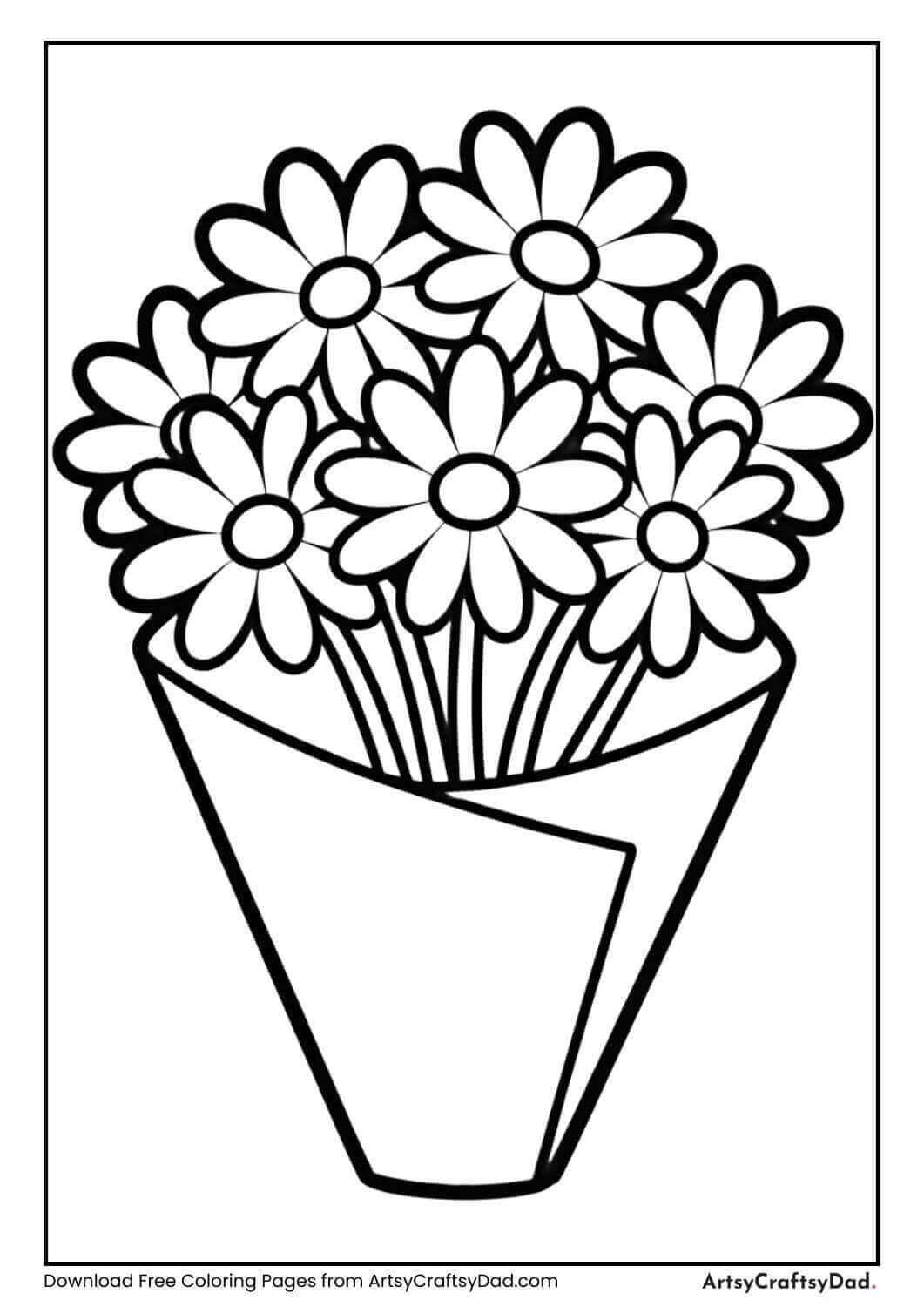 Daisy bouquet black and white coloring page for children