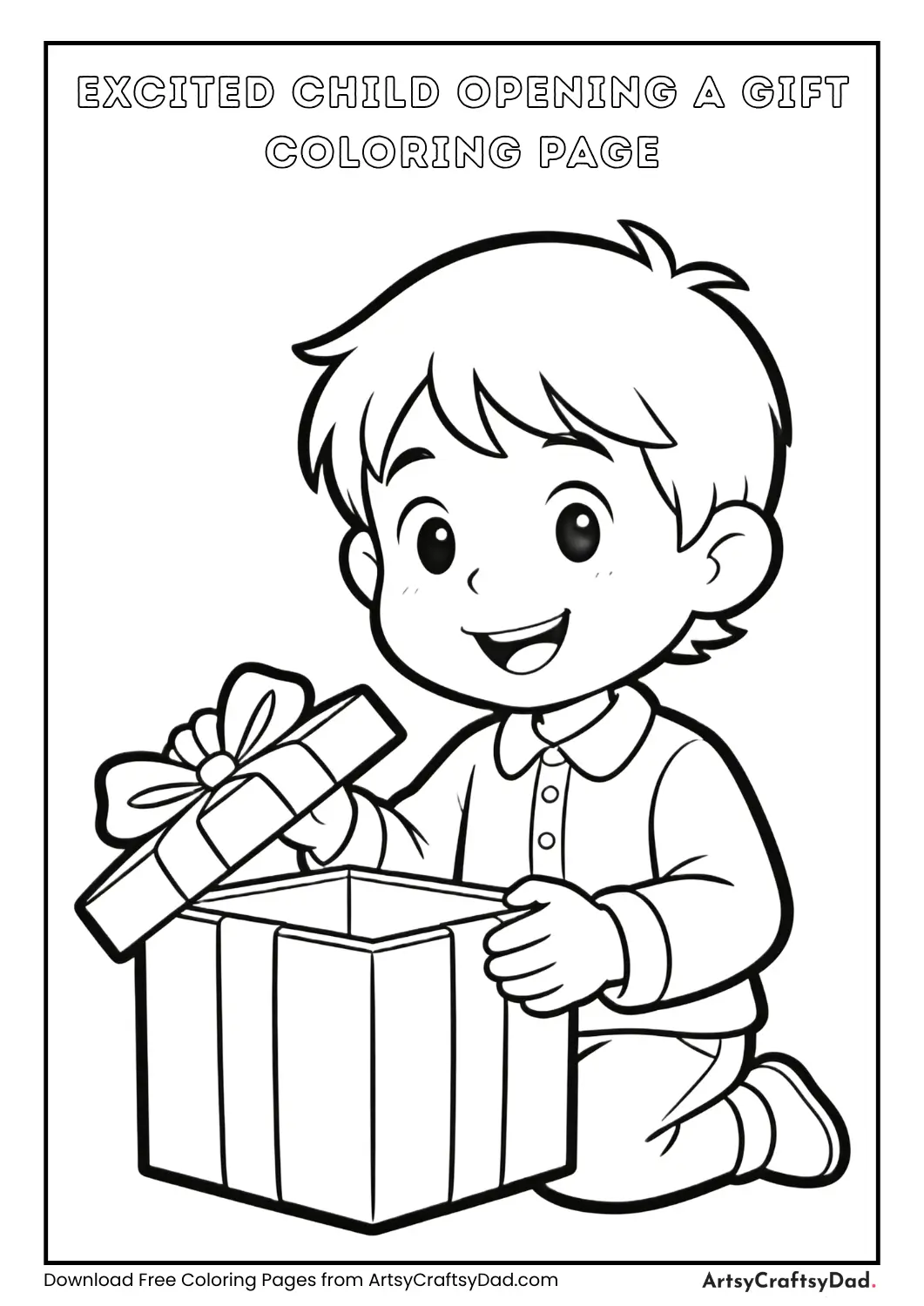 Child opening gift with excited expression coloring page