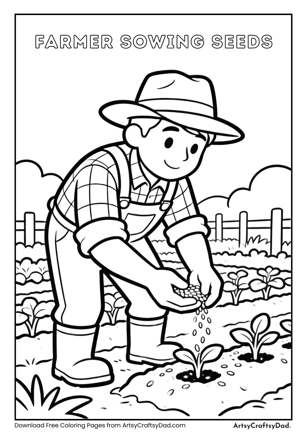 Farmer sowing seeds in a farm field coloring page