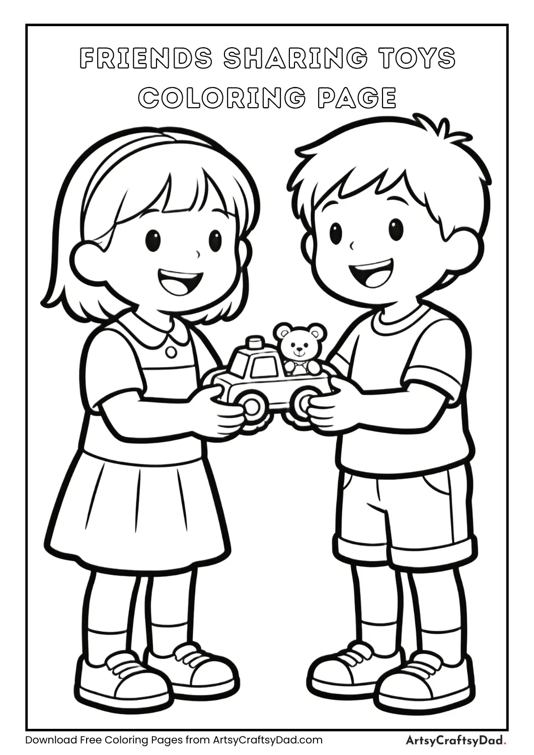 Black and white coloring page of friends sharing toys