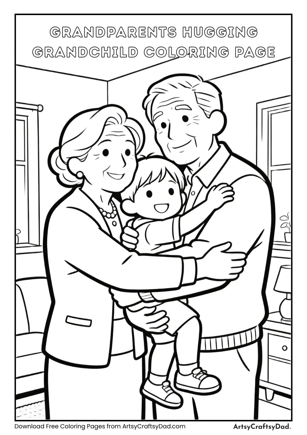 Grandparents hugging their grandchild coloring page for kids