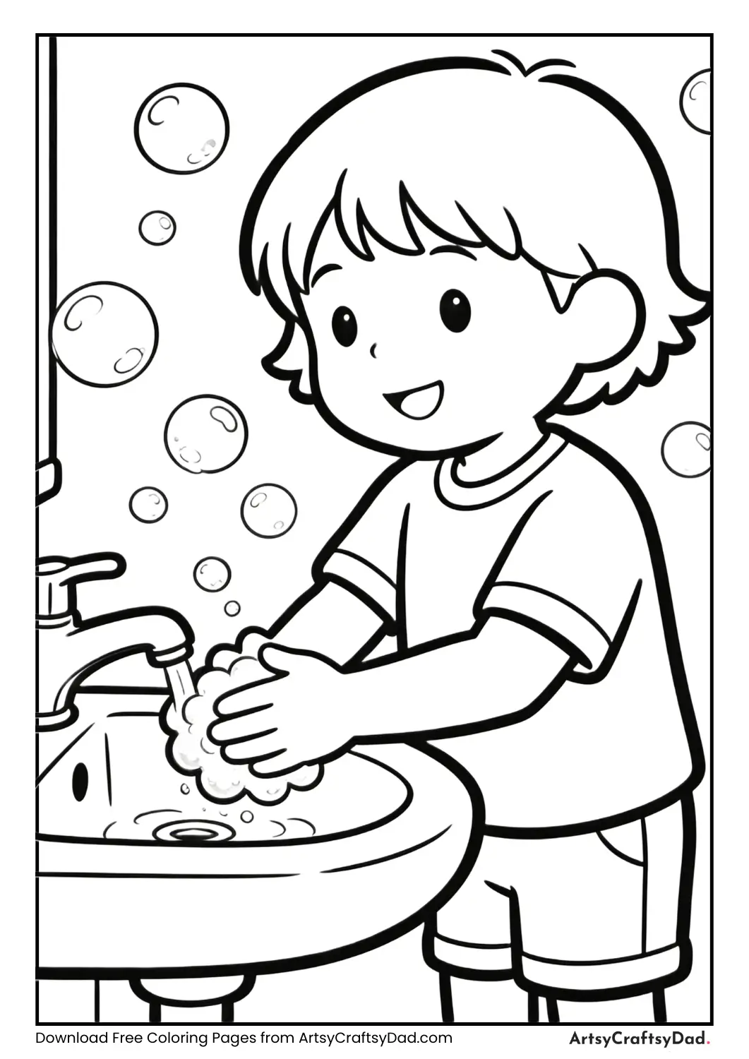 Child washing hands with soap good habits coloring page