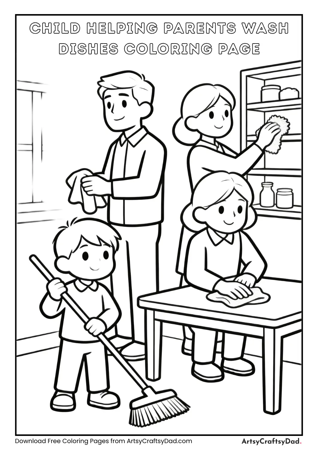 Child washing dishes with parents coloring page