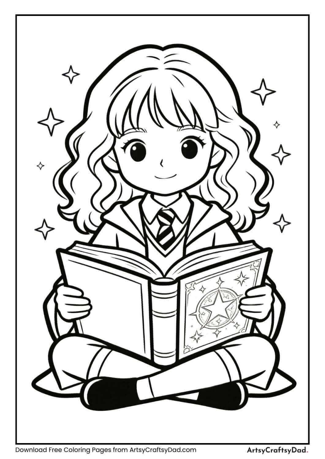 Hermione Granger reading a magic book coloring page