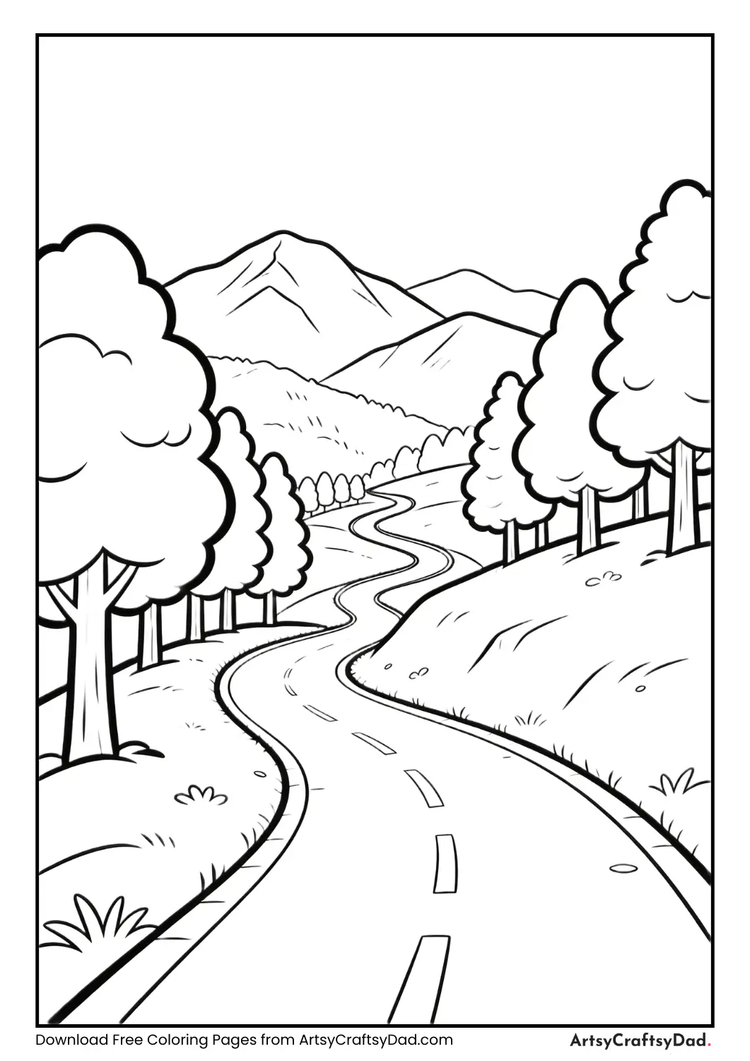 Coloring page of a winding road through hills with trees on both sides.