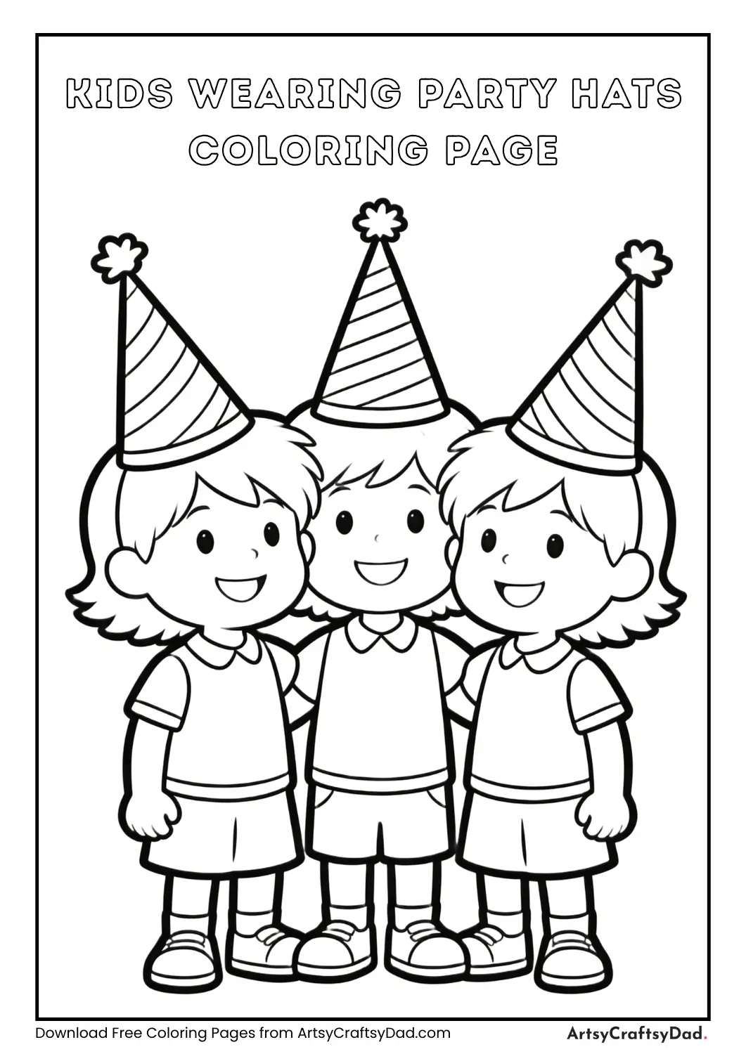 Children wearing birthday party hats coloring page