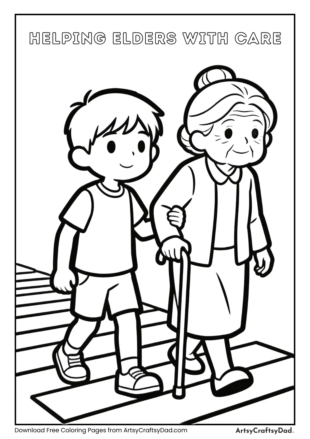 Child helping an elderly person kindness coloring page