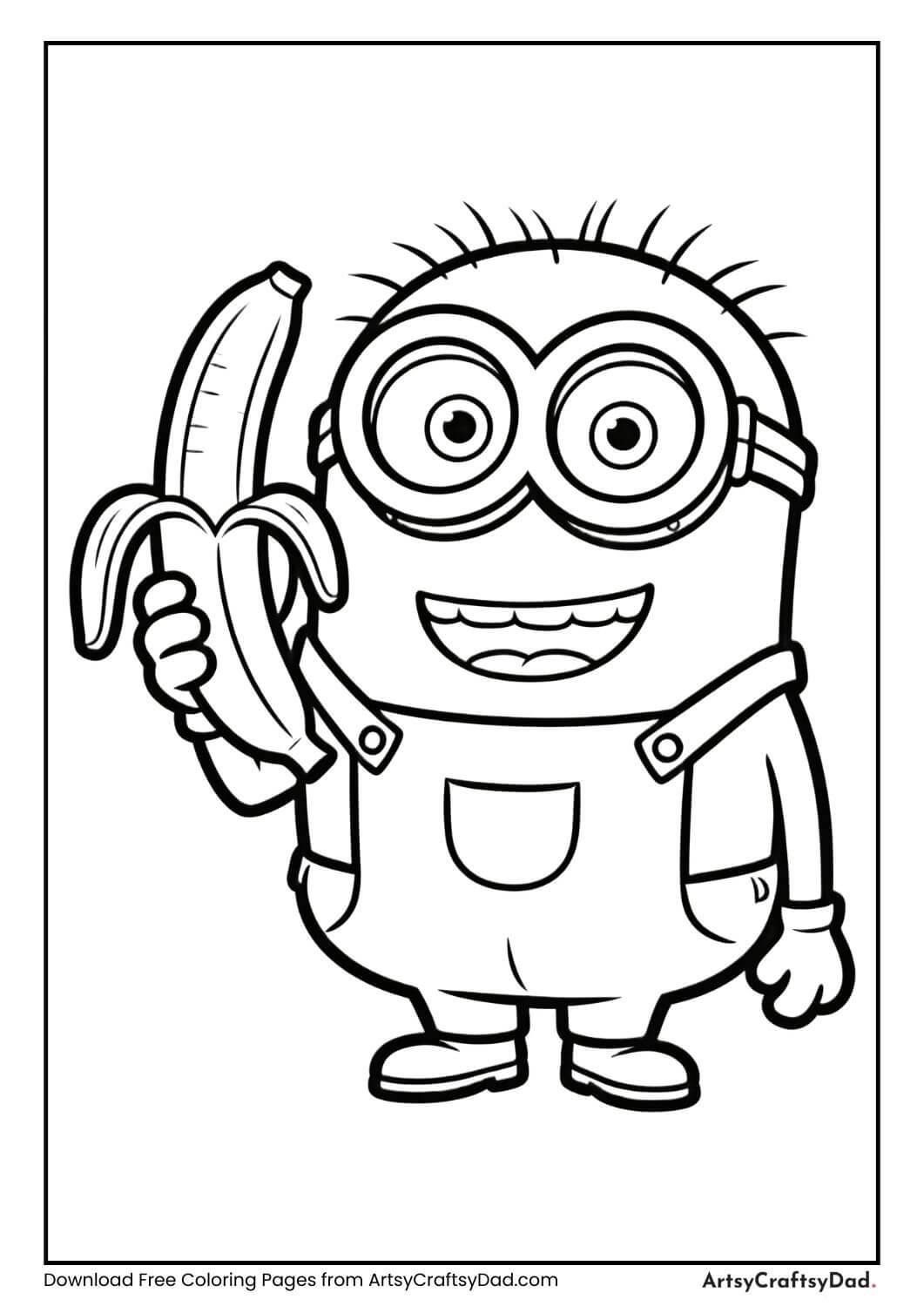 Minion holding a banana black and white coloring page