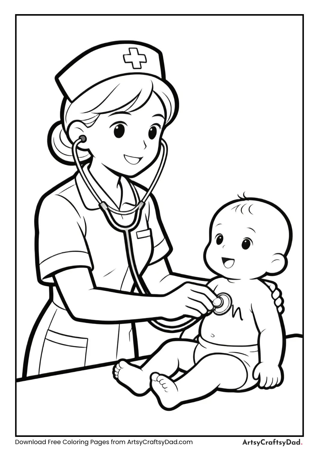 Nurse checking baby’s heartbeat with stethoscope