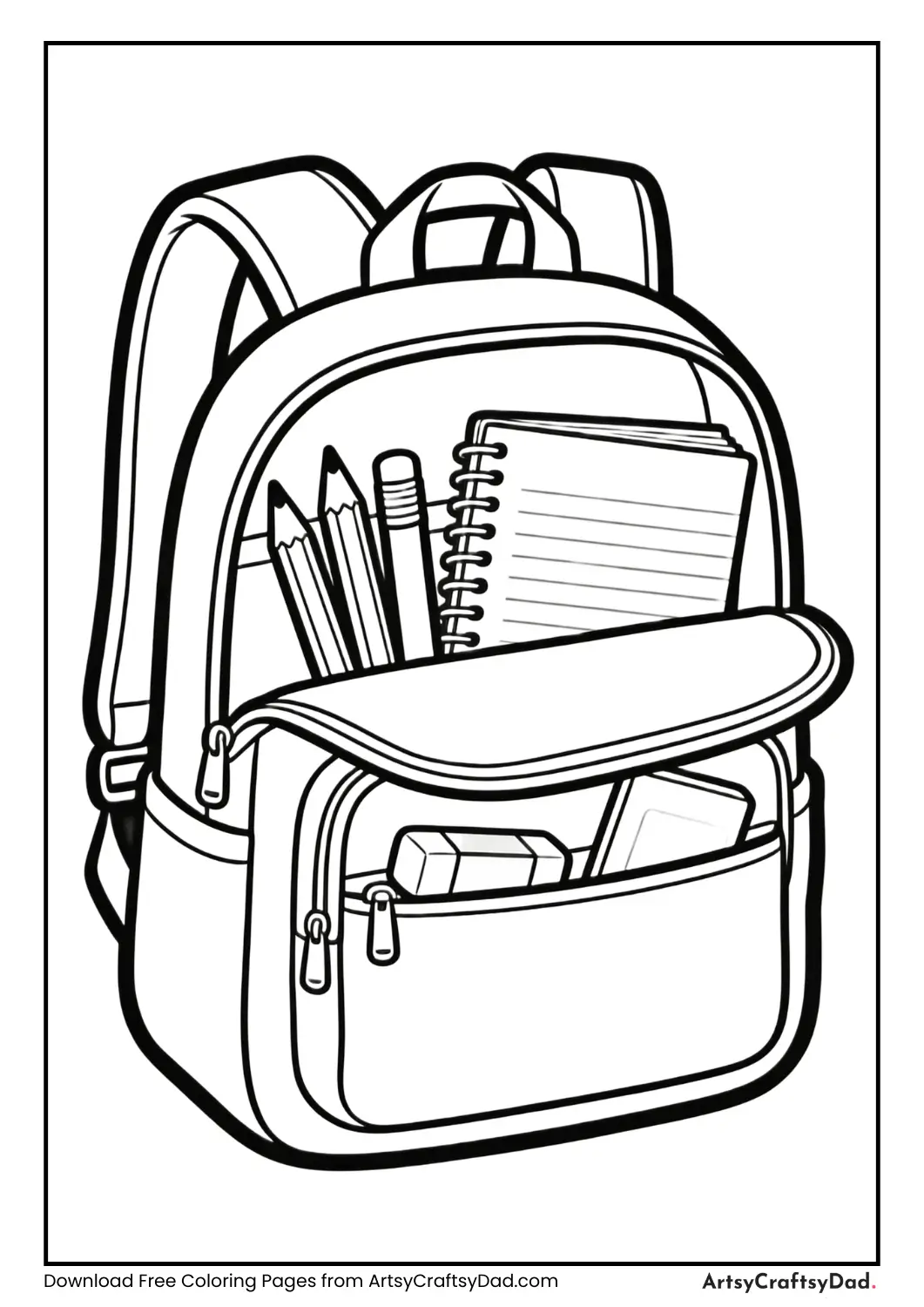 School bag open with pencils, erasers, and notebooks