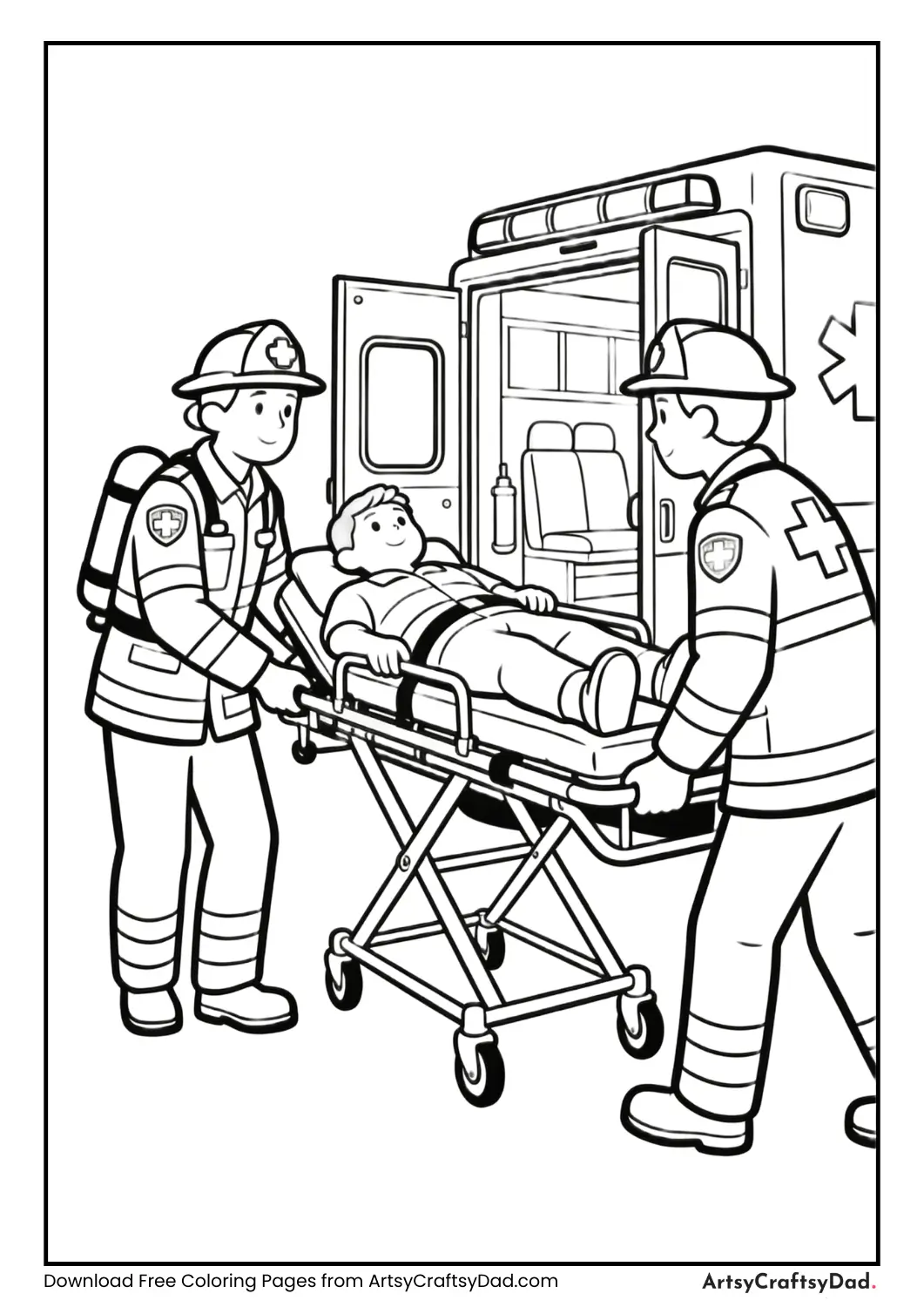 Paramedics helping a patient on a stretcher coloring page