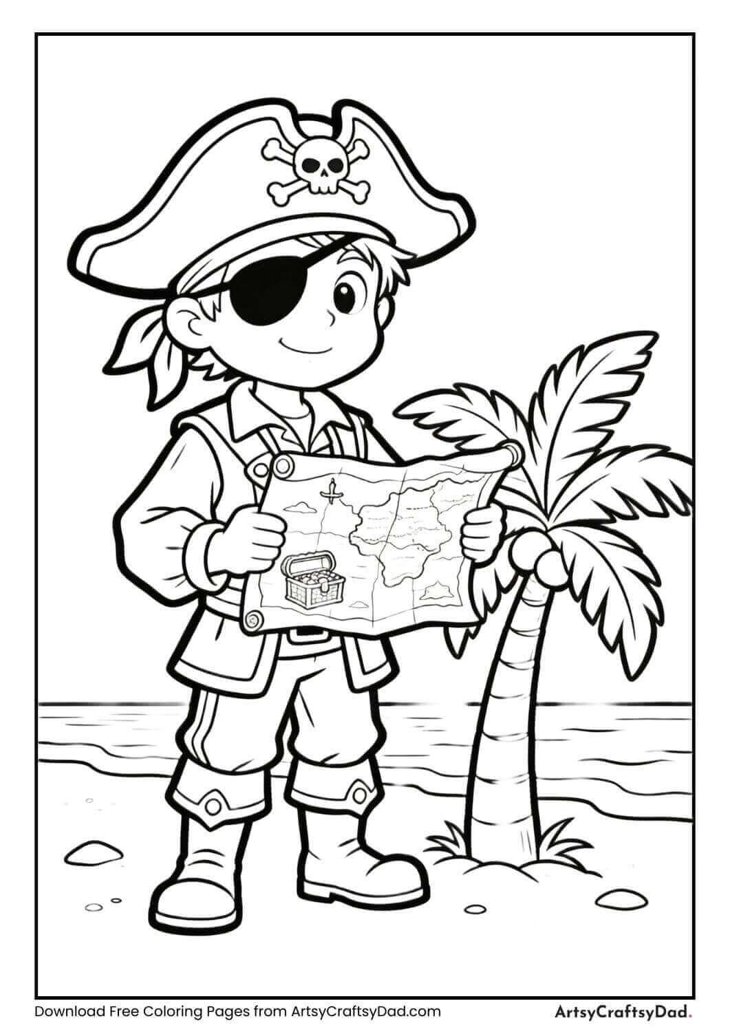 Pirate boy holding a treasure map on a beach coloring page
