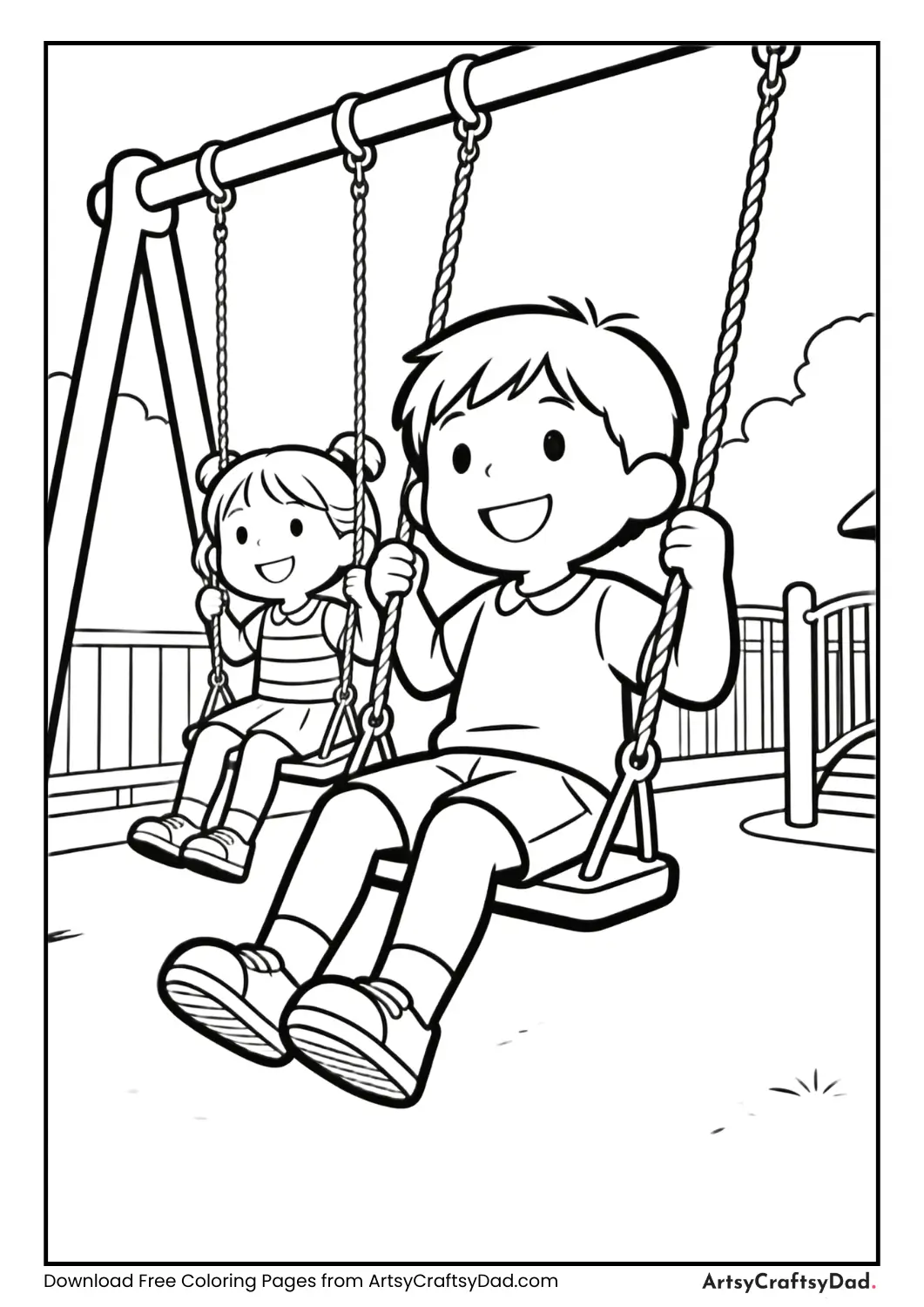 Kids playing on swings coloring page