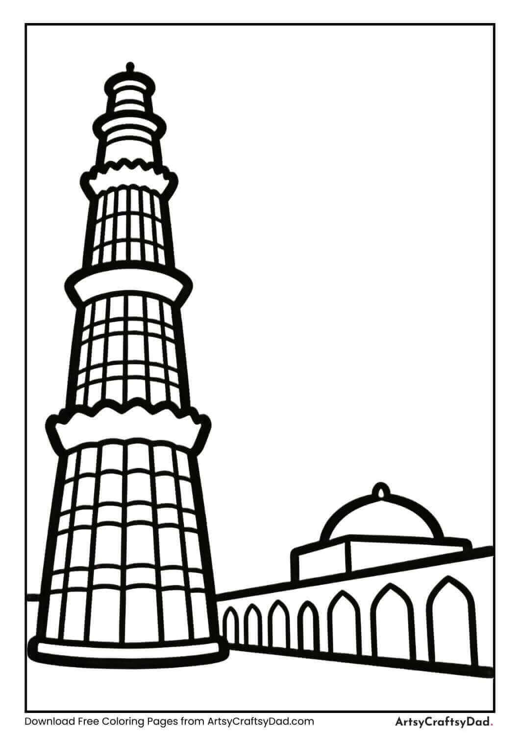 Easy Qutub Minar coloring page in black and white