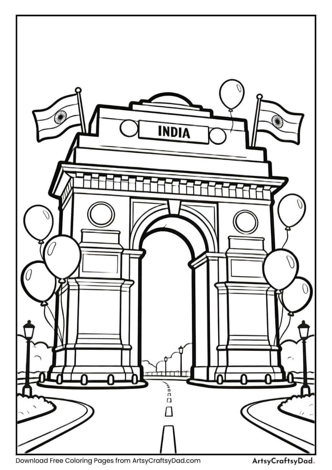 India Gate Republic Day black and white coloring page