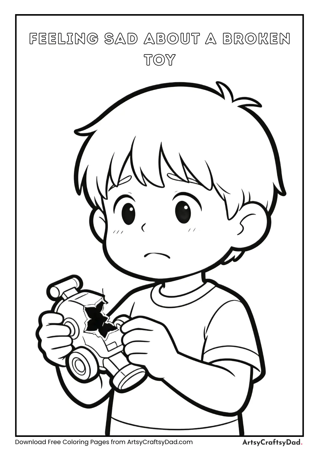 Sad child holding a broken toy coloring page