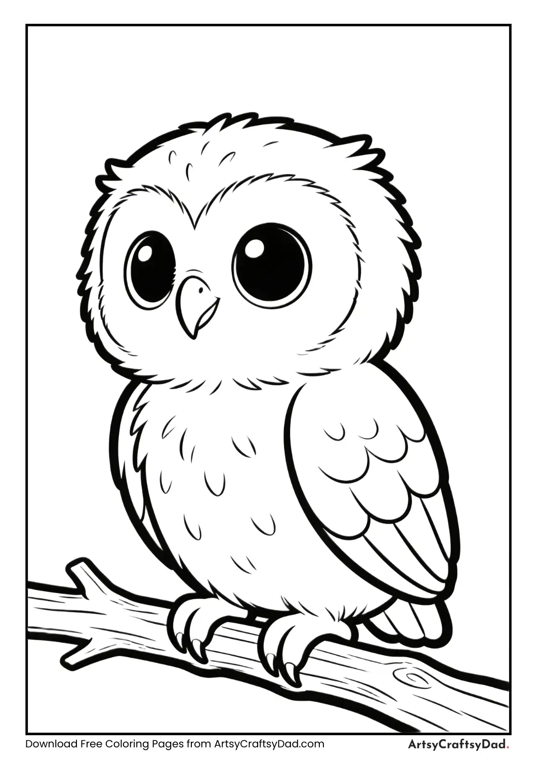 Smiling cartoon owl black and white coloring page for kids
