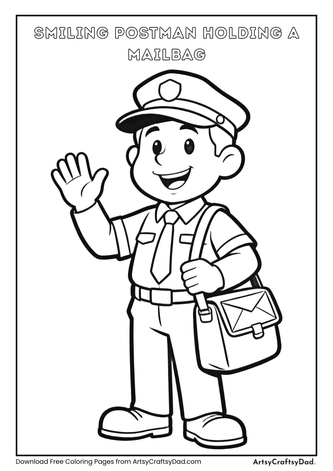 Smiling postman holding a mailbag coloring page