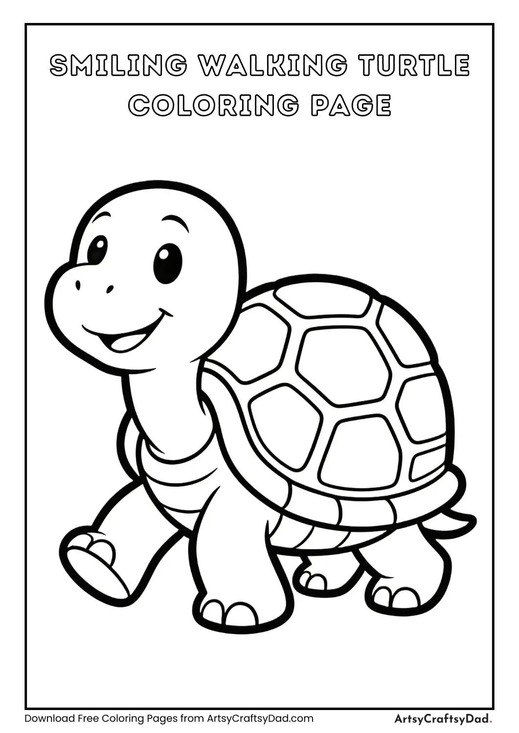 Smiling turtle walking black and white coloring page
