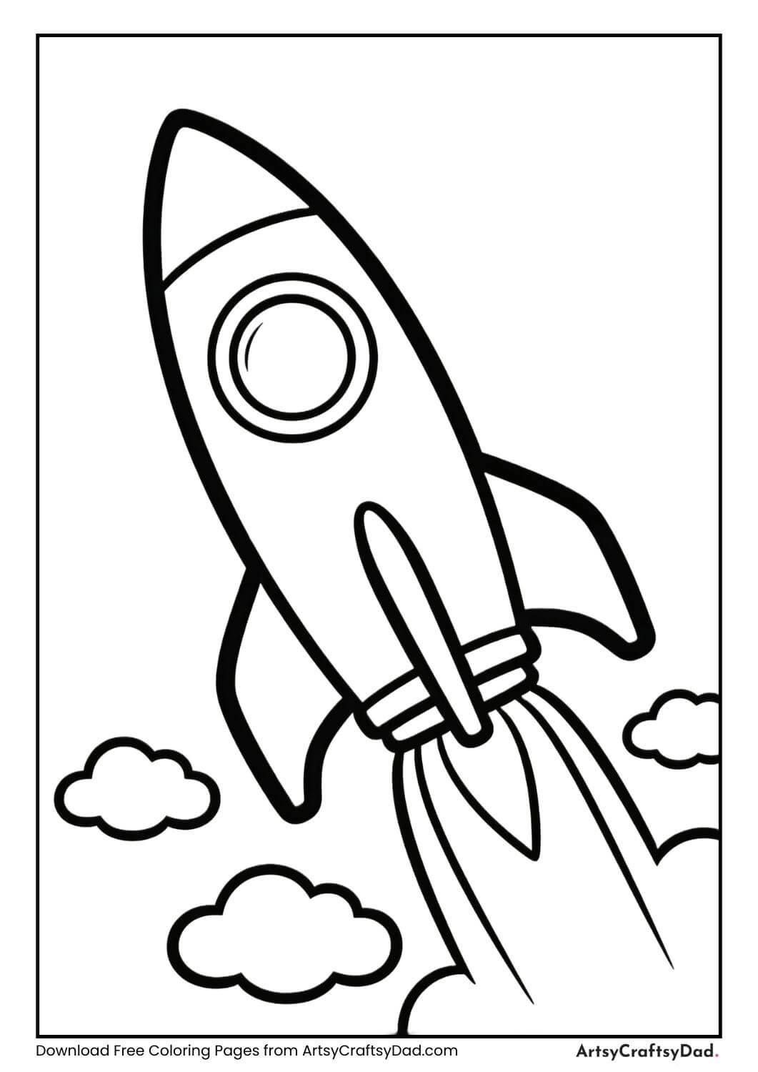 Space rocket flying upward black and white coloring page