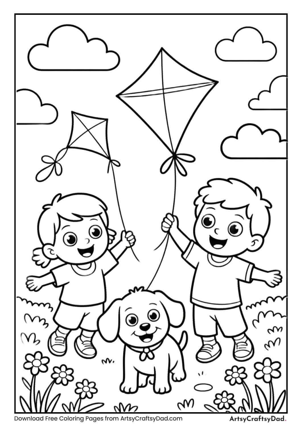 Kids flying kites in a spring meadow.