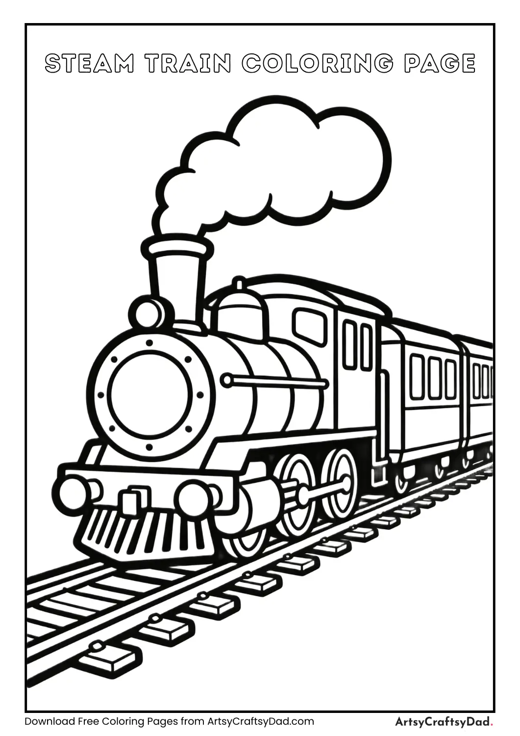 Steam train black and white coloring page for kids