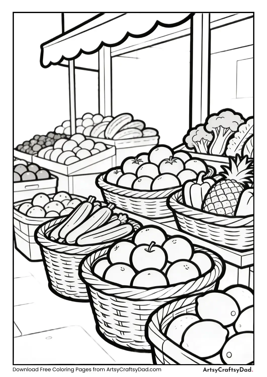 Street fruit market with baskets of fruits in black and white