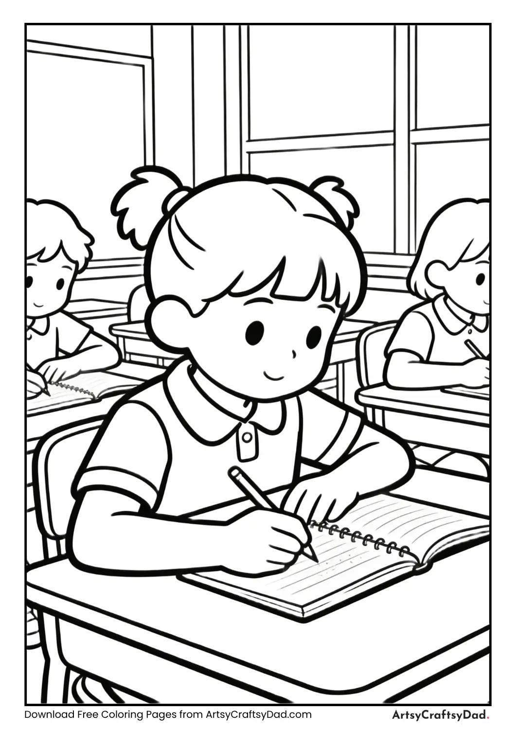 Students writing in notebooks coloring page