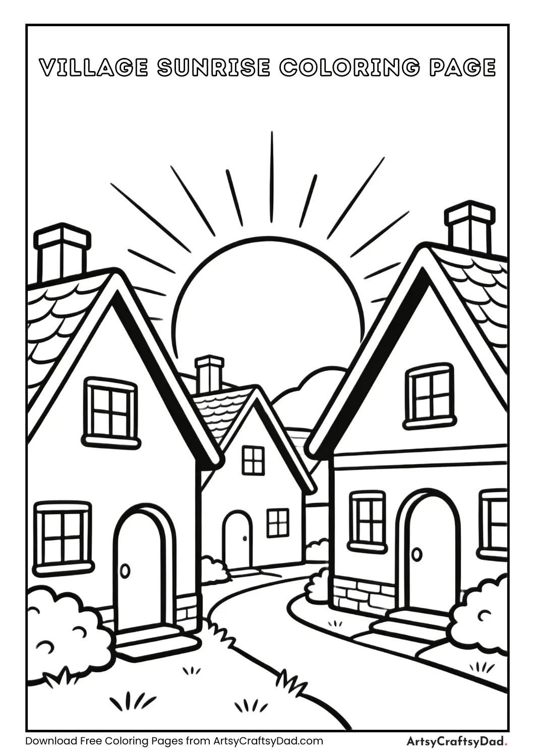 Sunrise behind a small village coloring page for children