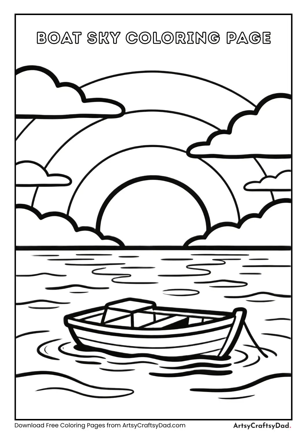 Sunrise behind a small village coloring page for children