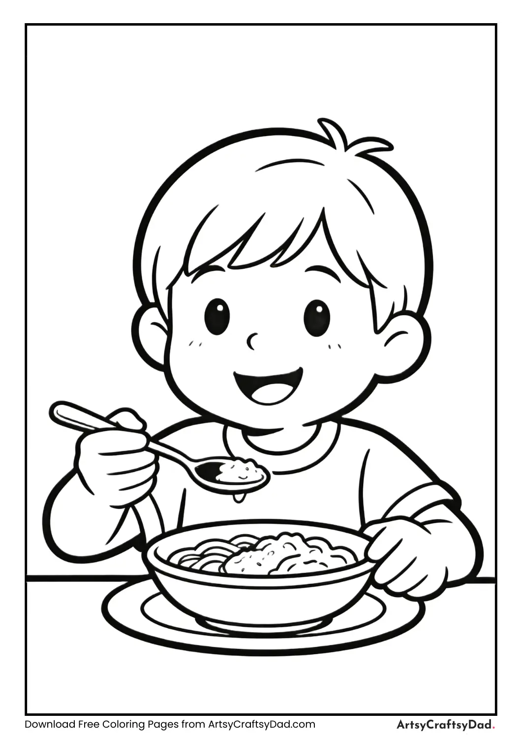 Child using a spoon properly table manners coloring page