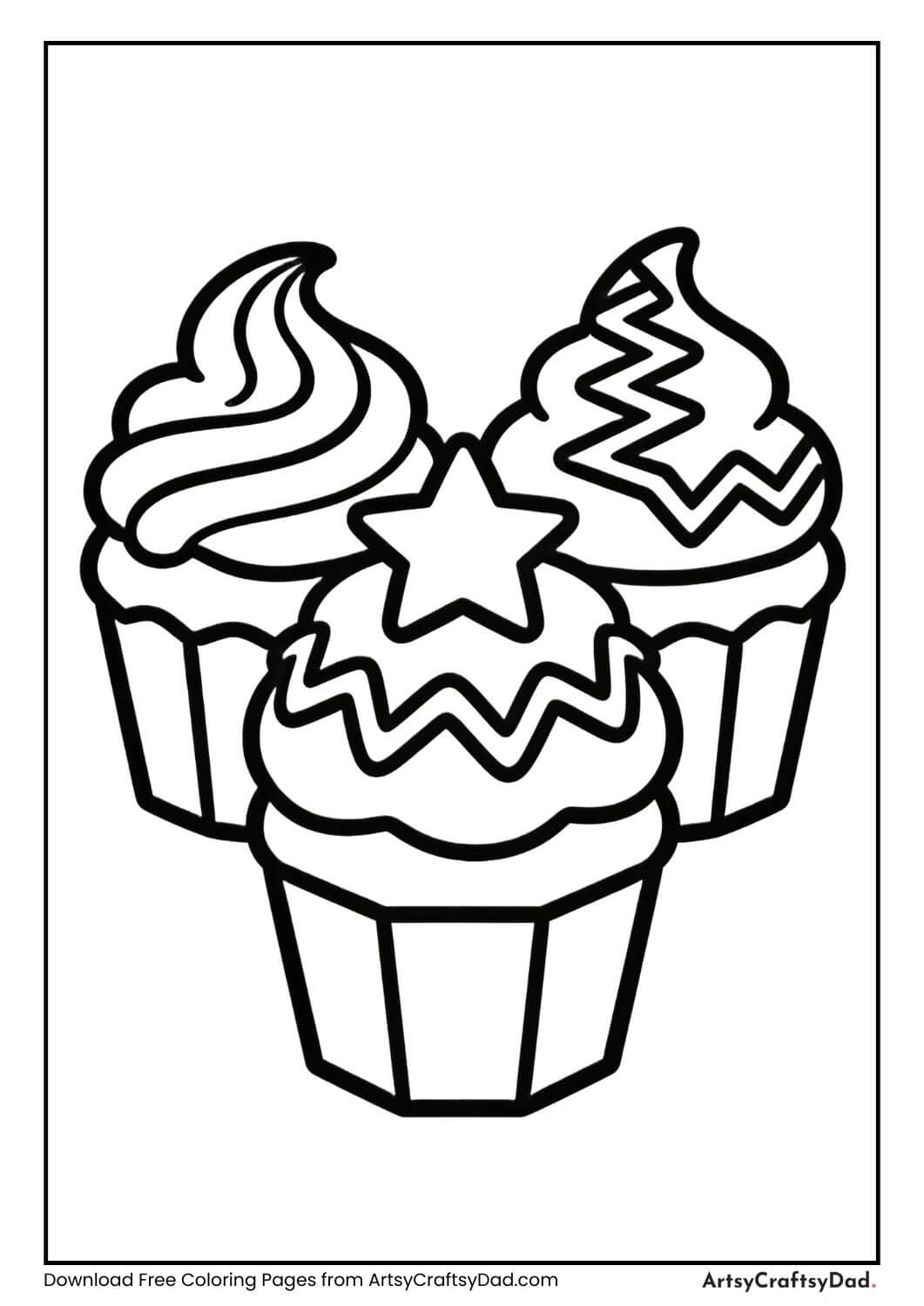 Three cupcakes in a row black and white coloring page