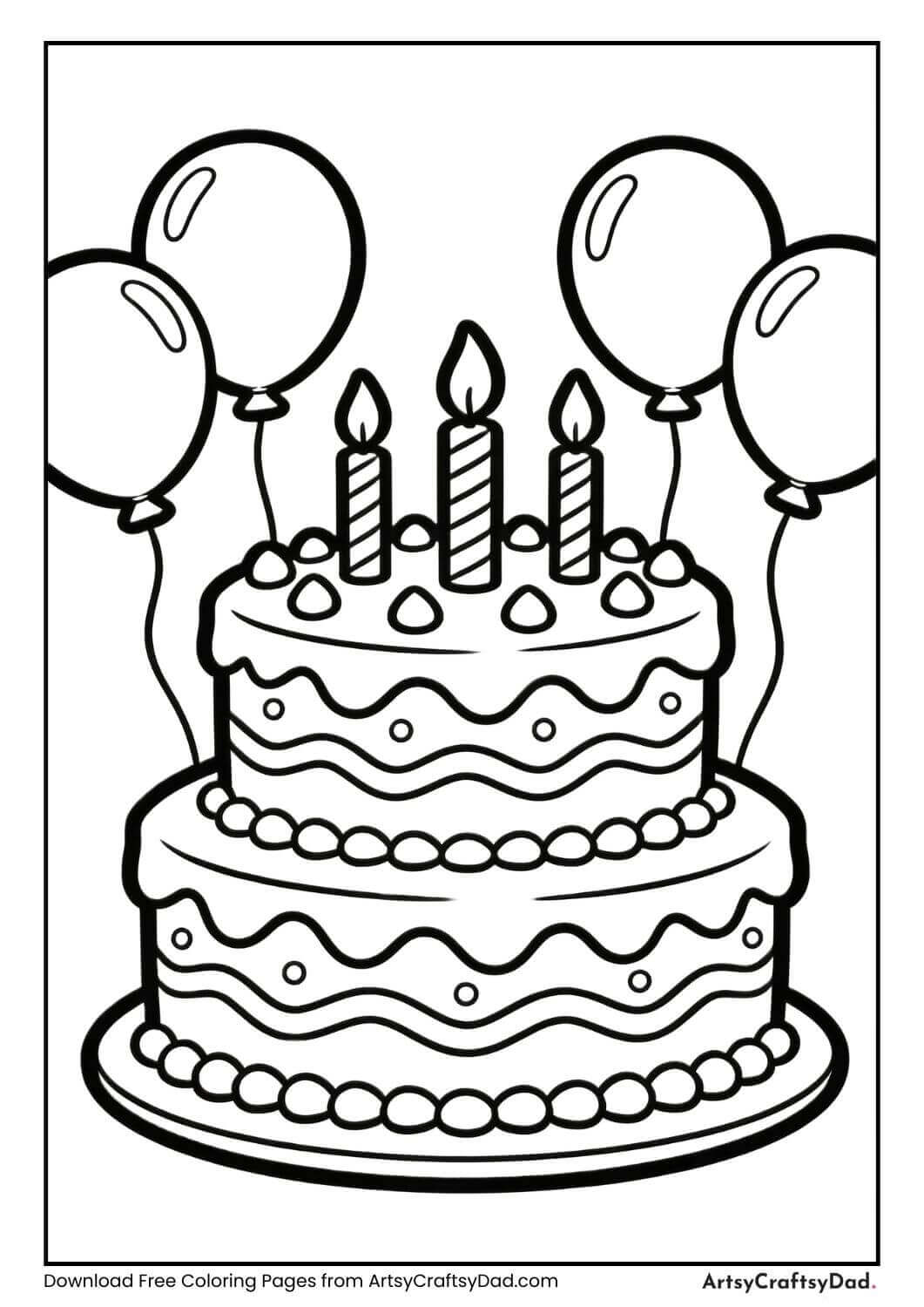Two-tier birthday cake with balloons black and white coloring page