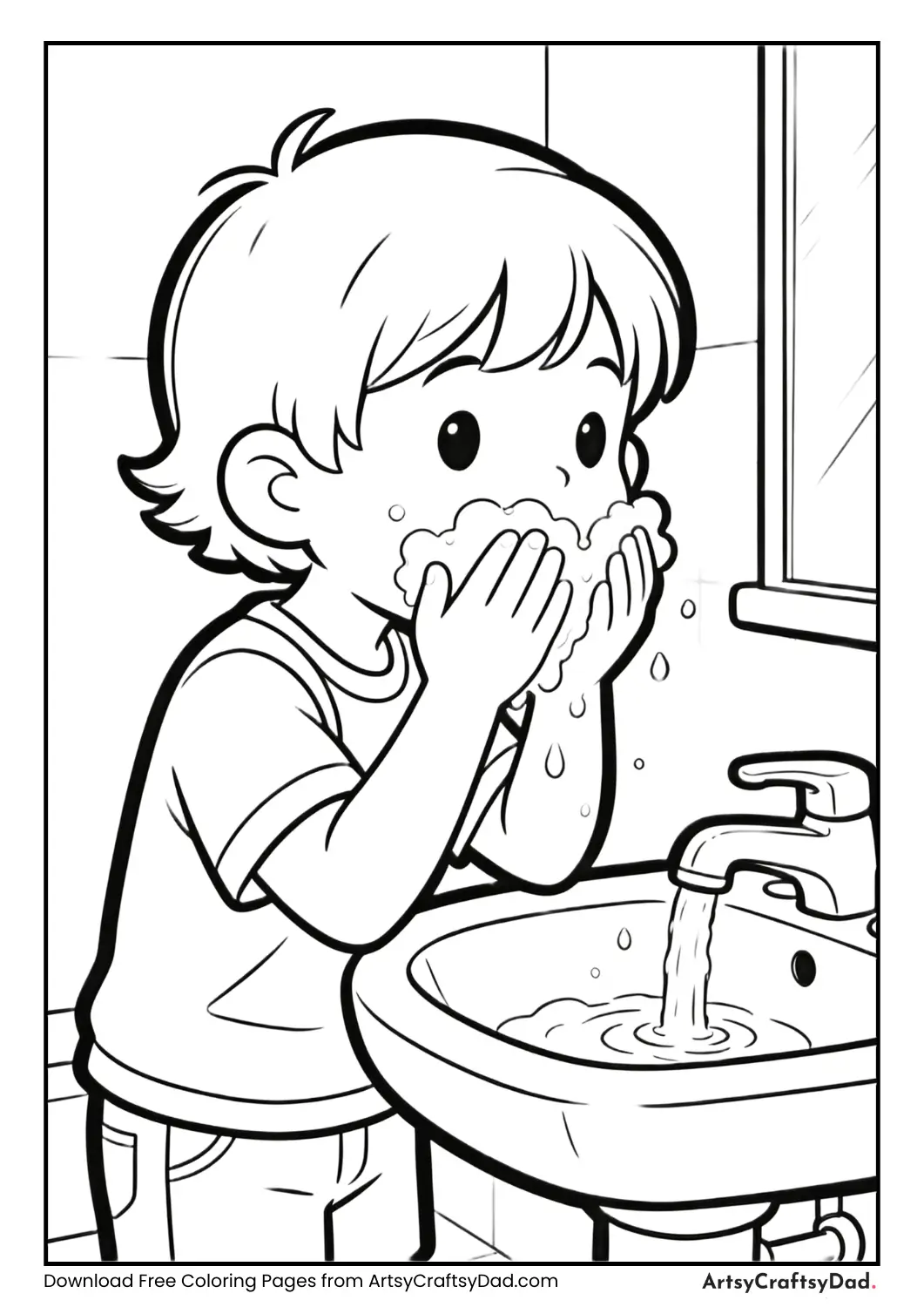 Child washing their face with water in the morning.