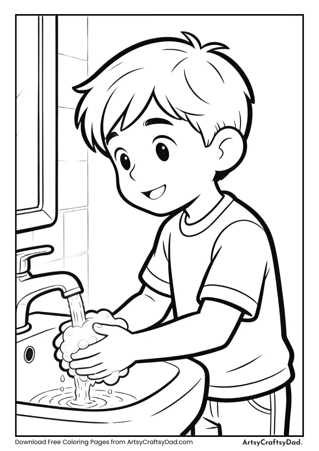 Child washing hands with soap coloring page