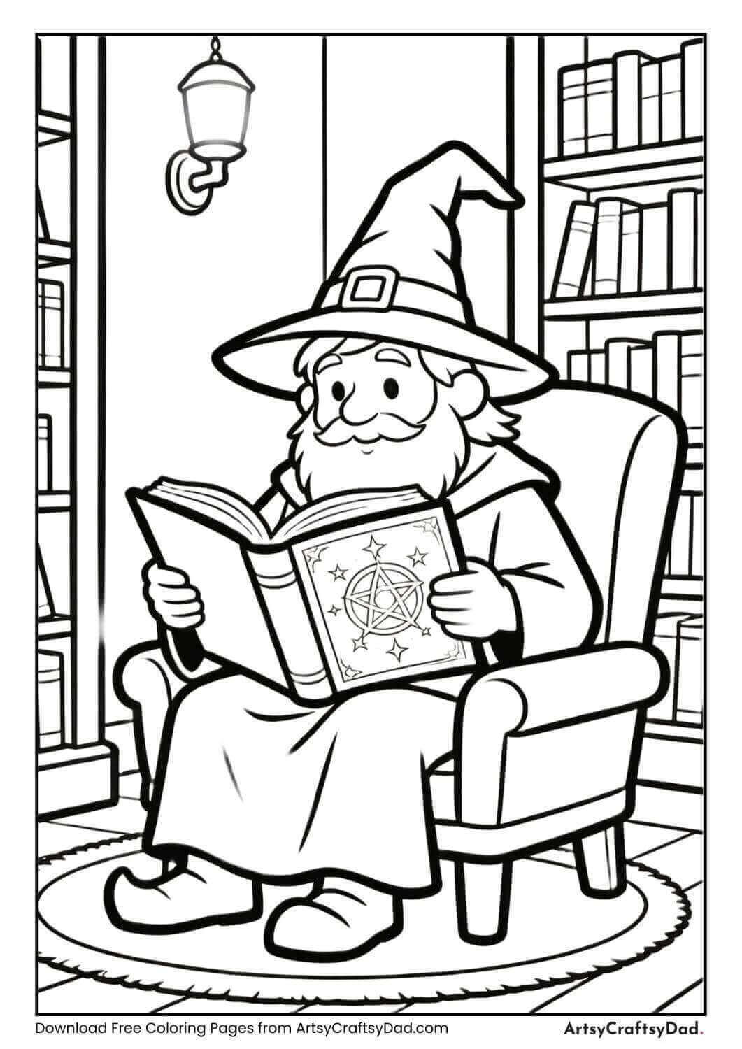 Wizard reading a big spell book in a cozy library