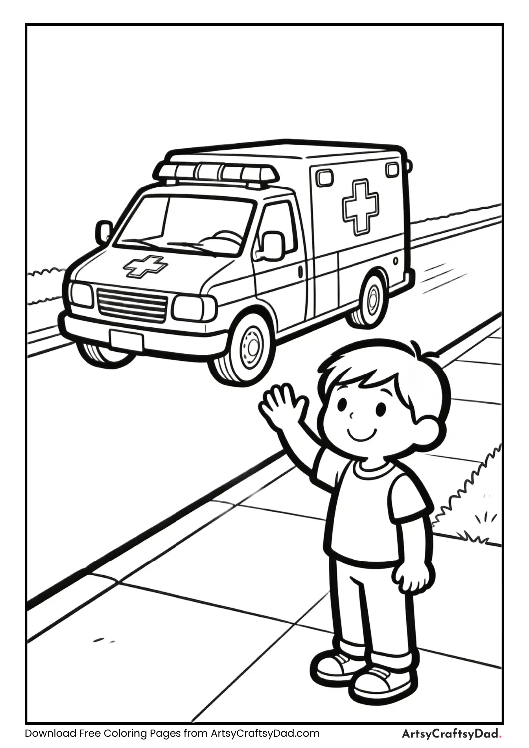 Child waving at ambulance coloring page