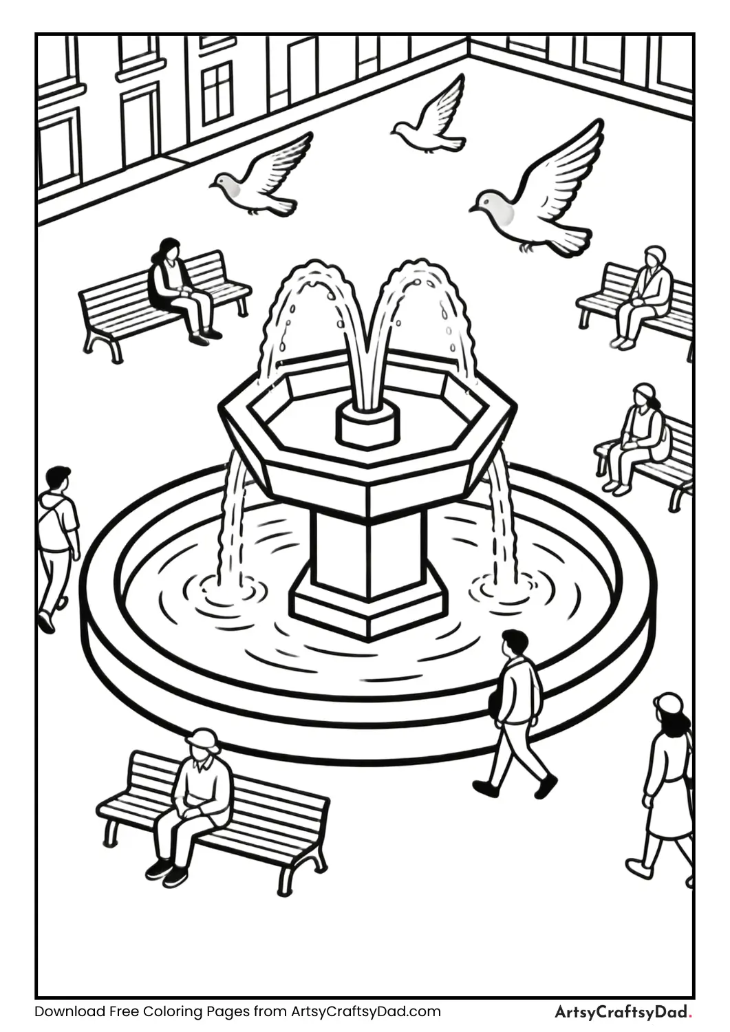 City fountain surrounded by people and pigeons coloring page