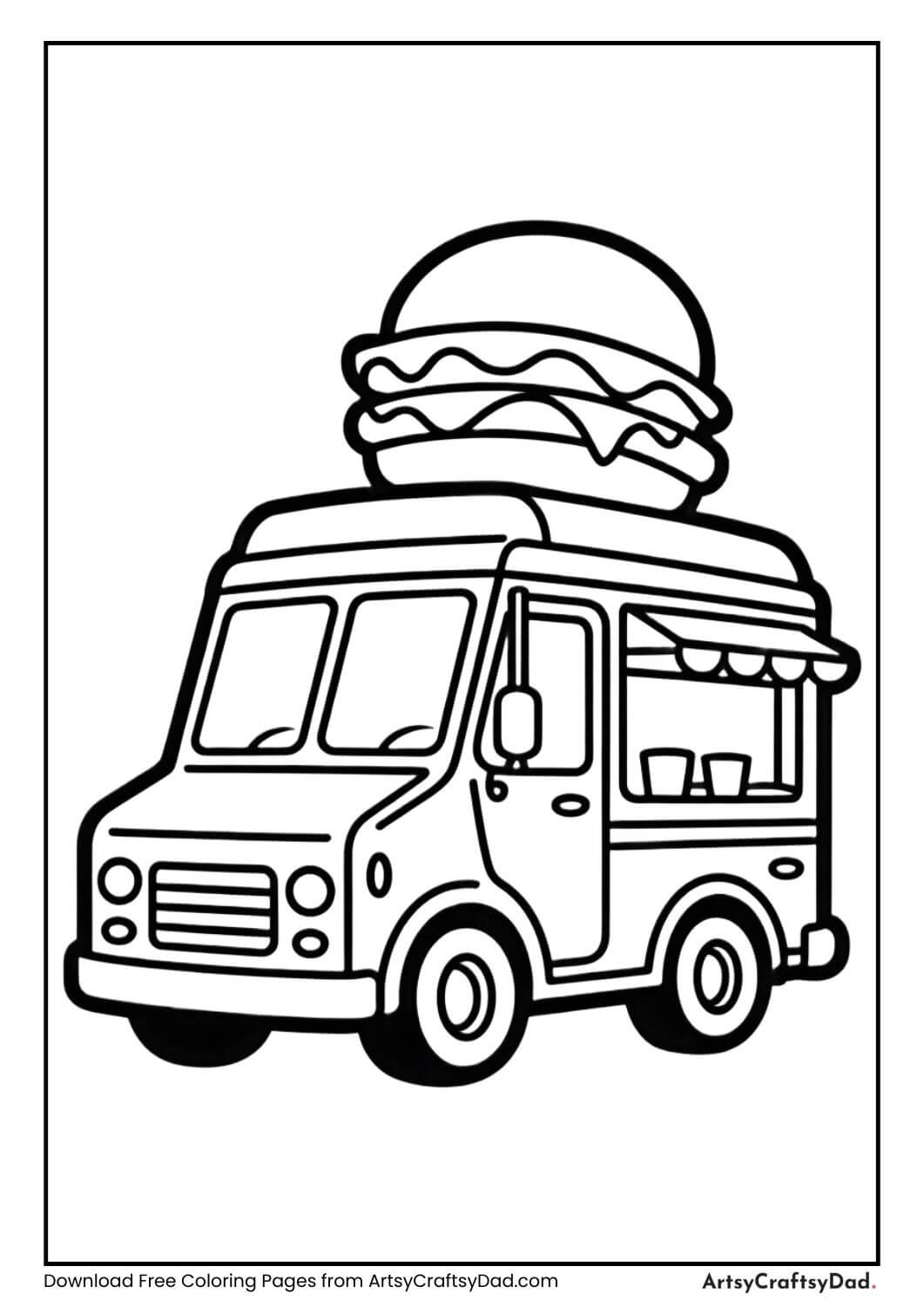 Food truck black and white coloring page for kids