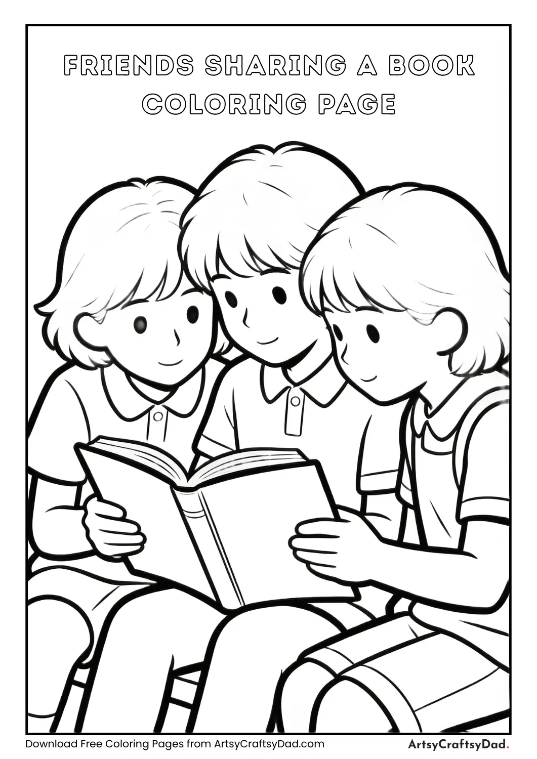 Black and white coloring page of friends reading together