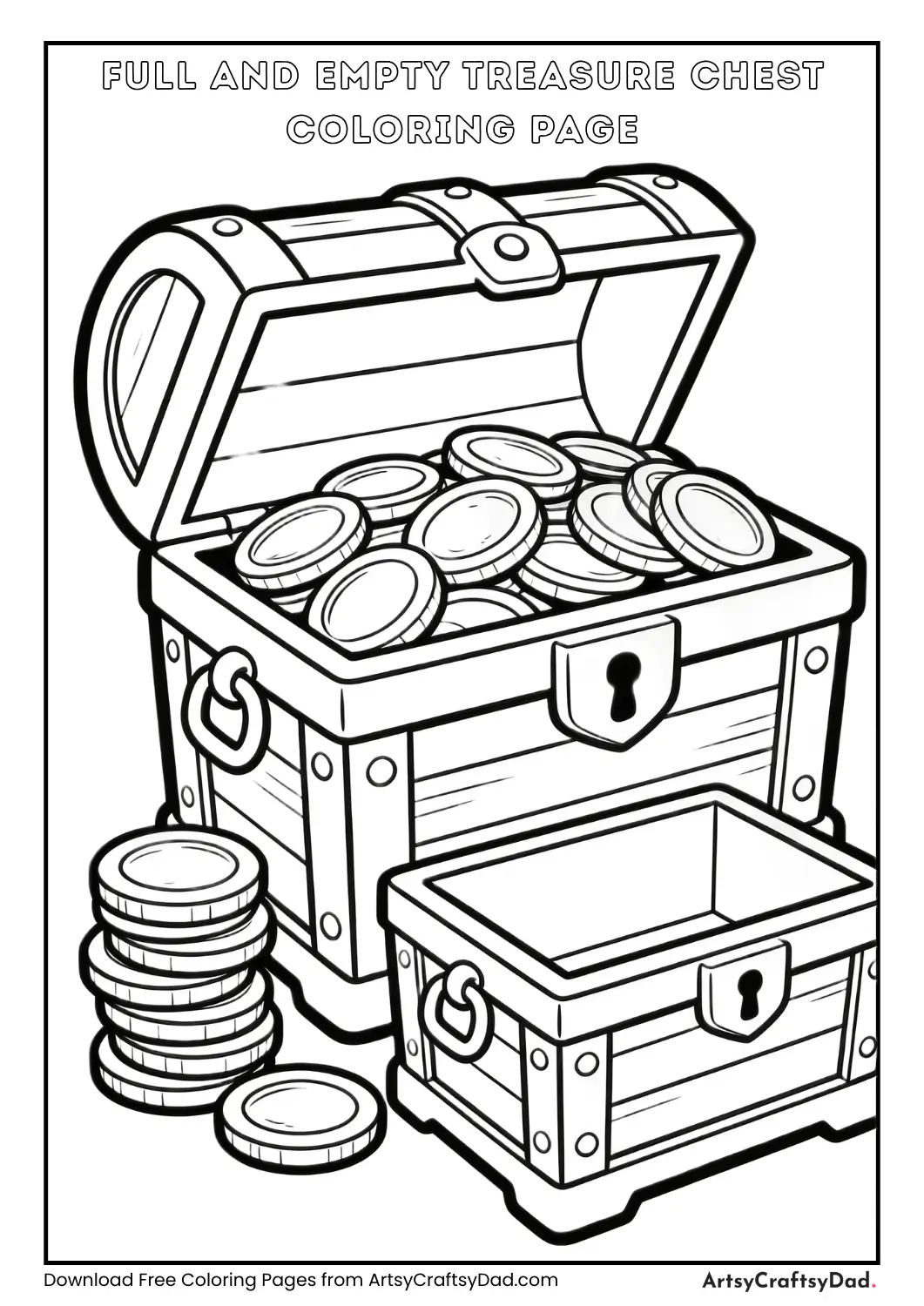 A treasure chest full of coins and an empty treasure chest for coloring.