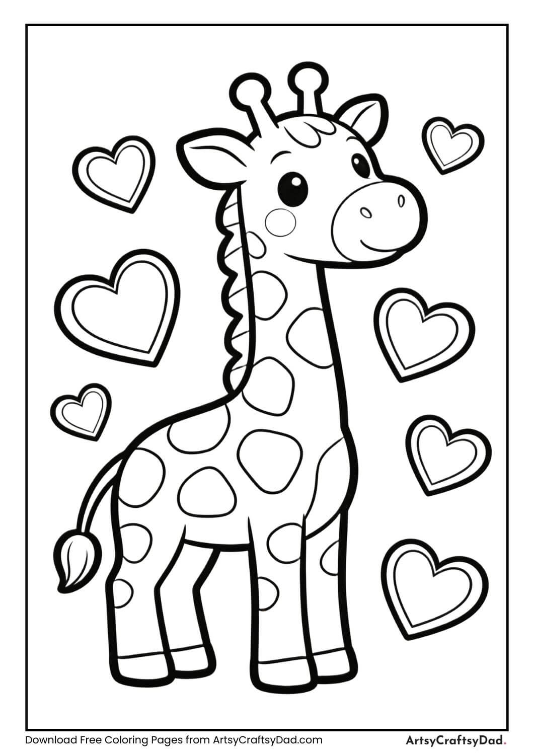 Giraffe with hearts coloring page for kids