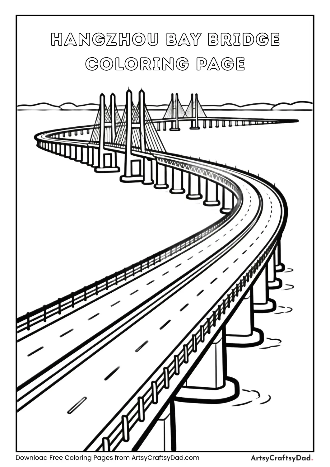 Black-and-white outline of Hangzhou Bay Bridge for kids