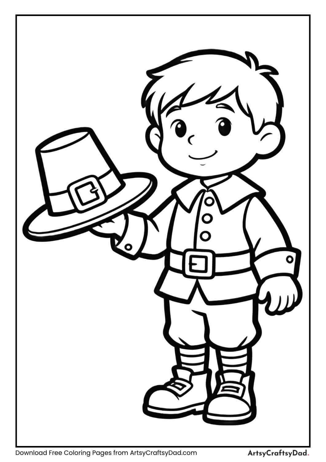Pilgrim boy holding pilgrim hat coloring page
