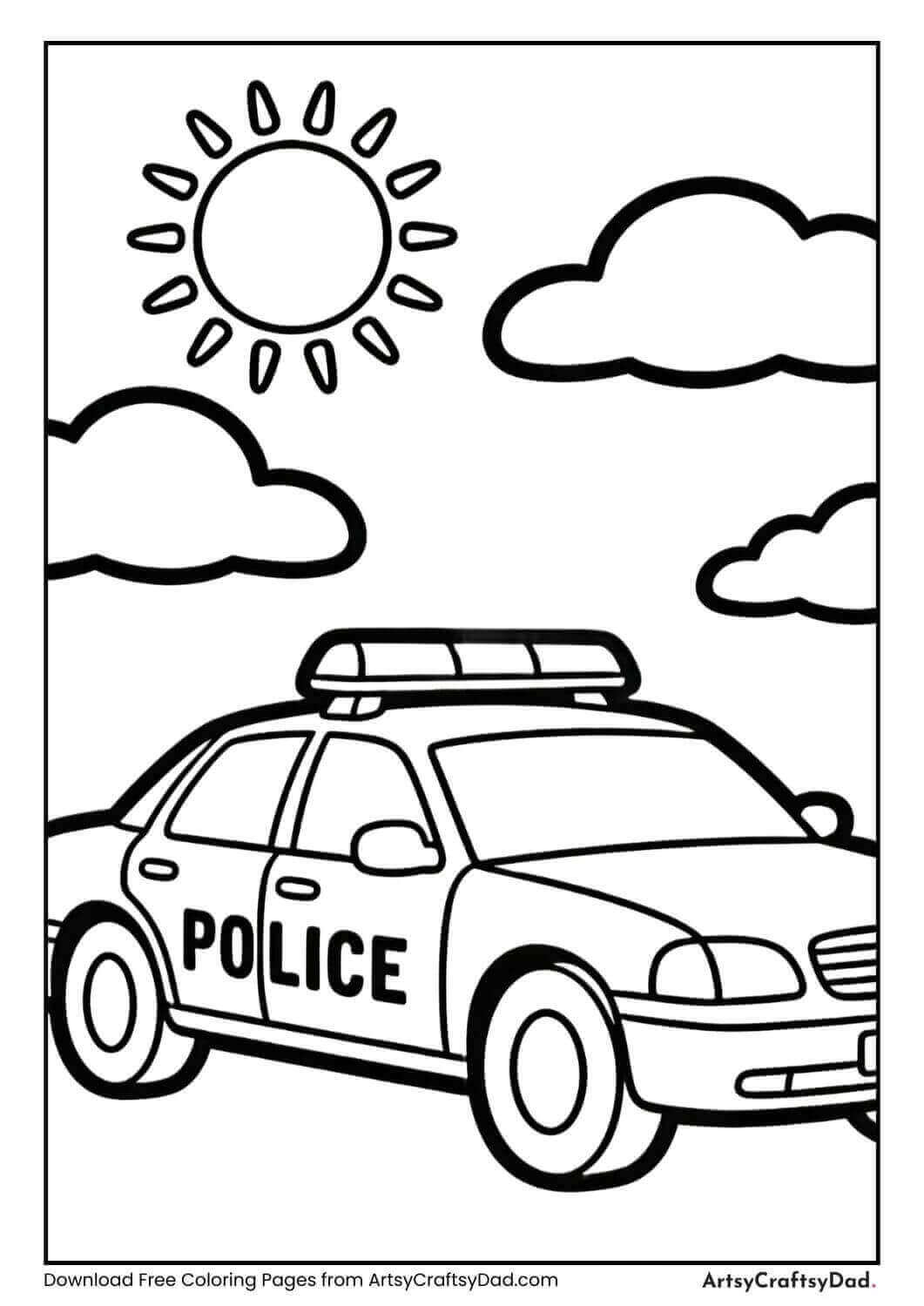 Police car under sunny sky coloring page