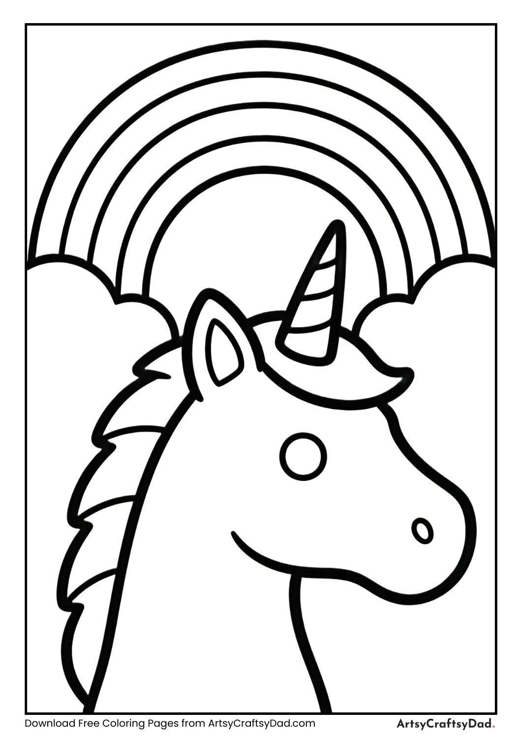 Rainbow with unicorn black and white coloring page