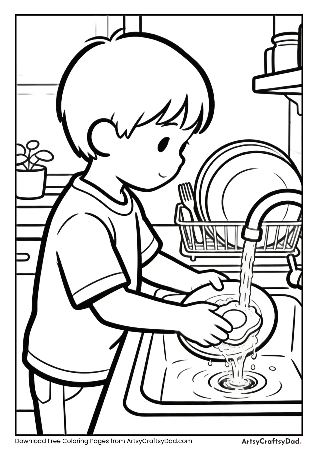 Child rinsing breakfast dishes in the sink.
