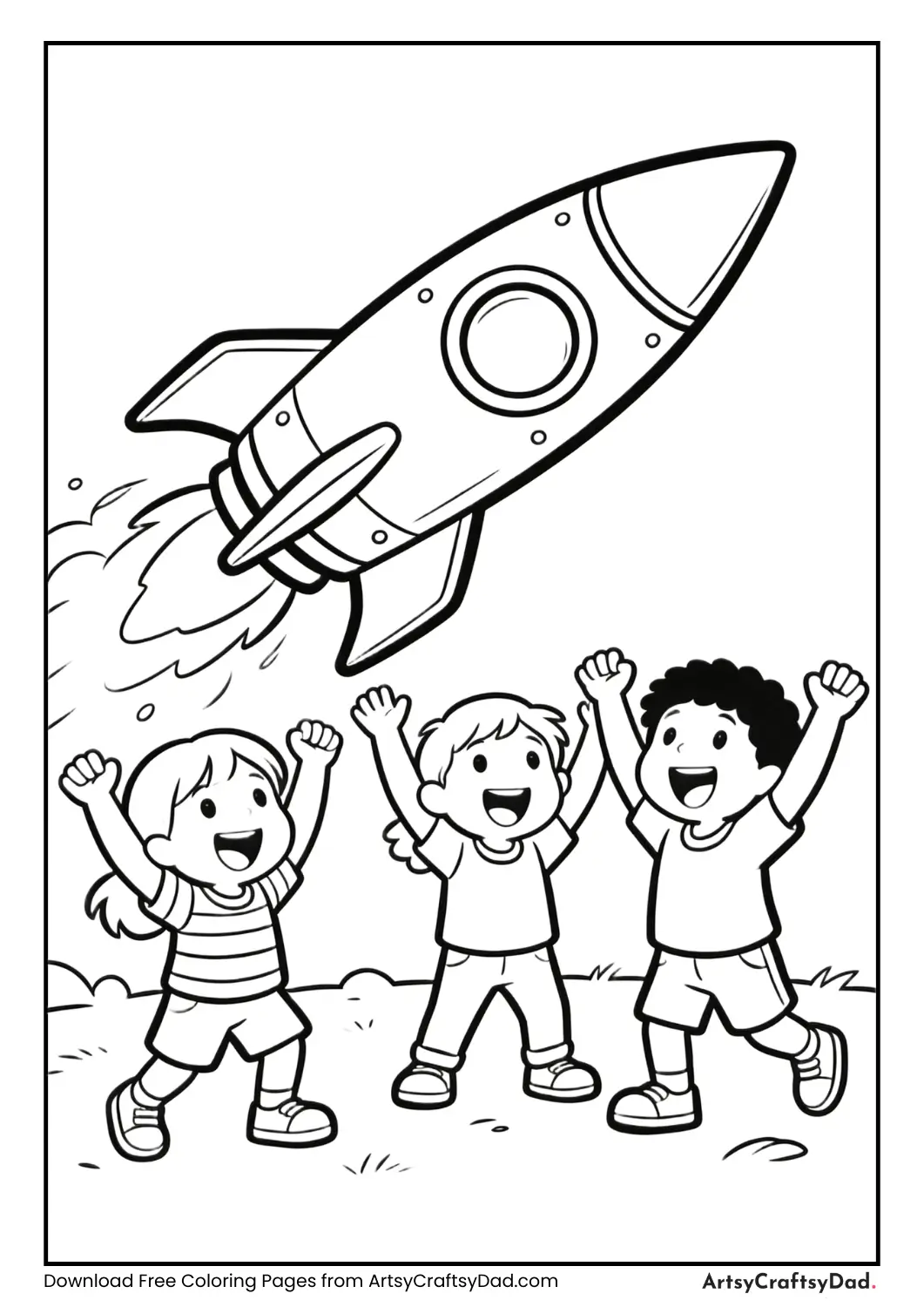 Kids watching a rocket launch coloring page