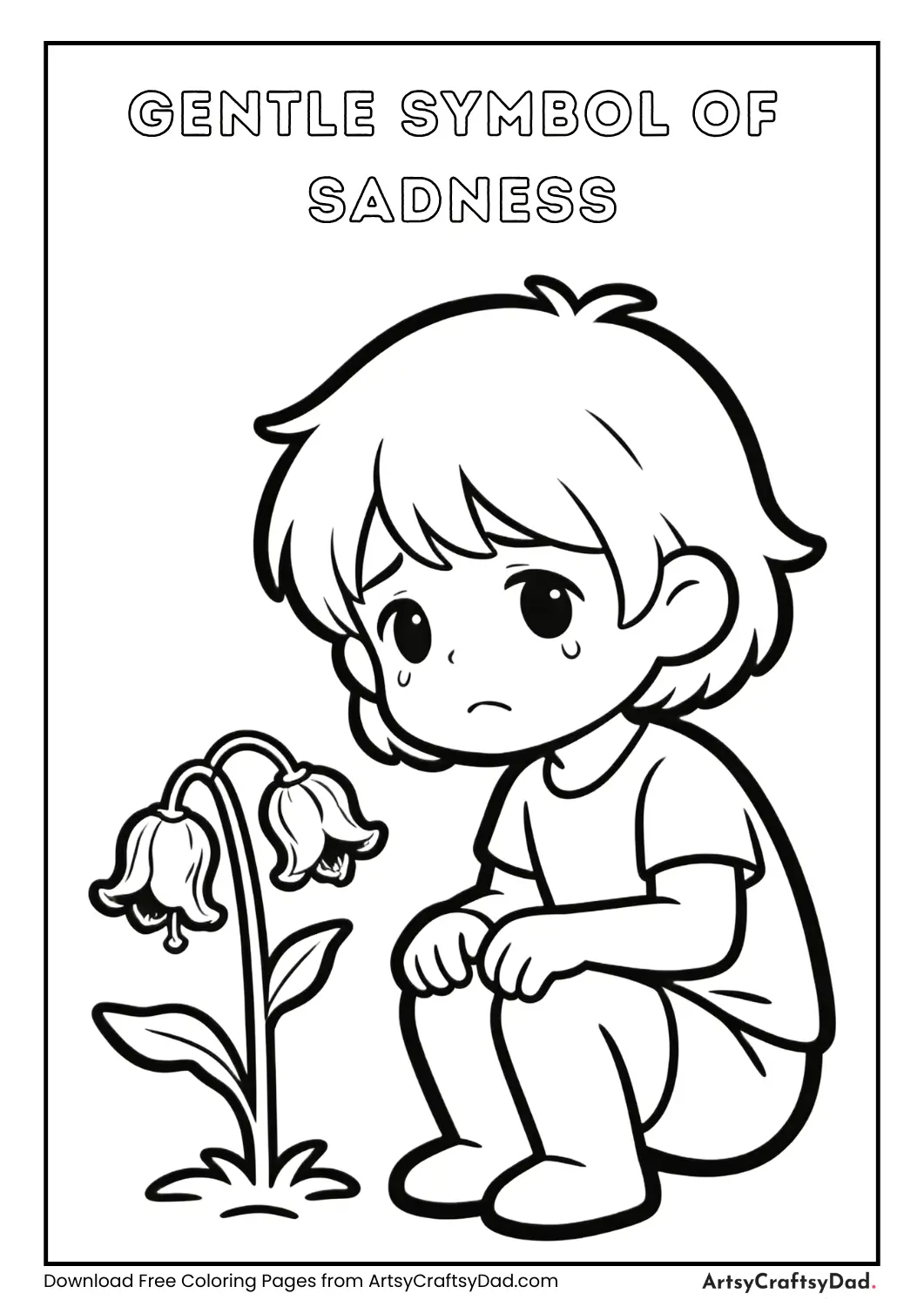 Sad child beside wilting flower coloring page